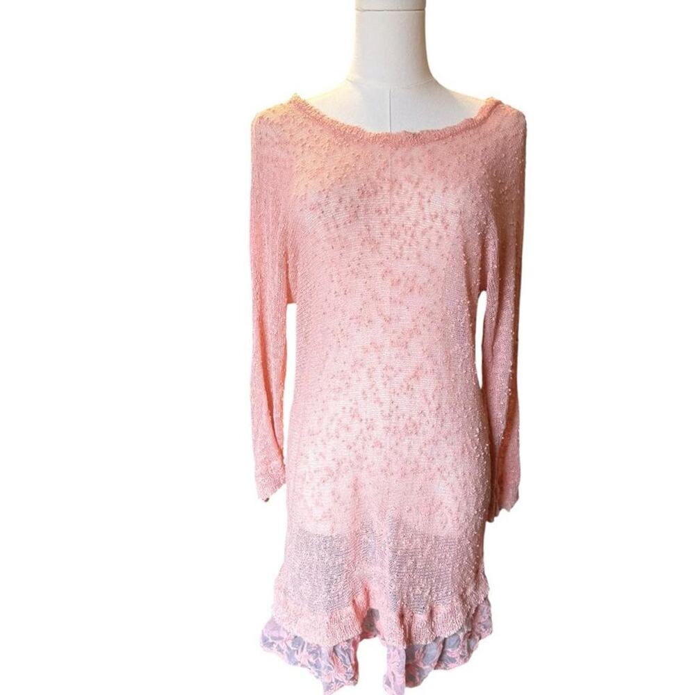 Pink Slub Knit Long Sleeve Tunic Top with Lace Hem Size M‎